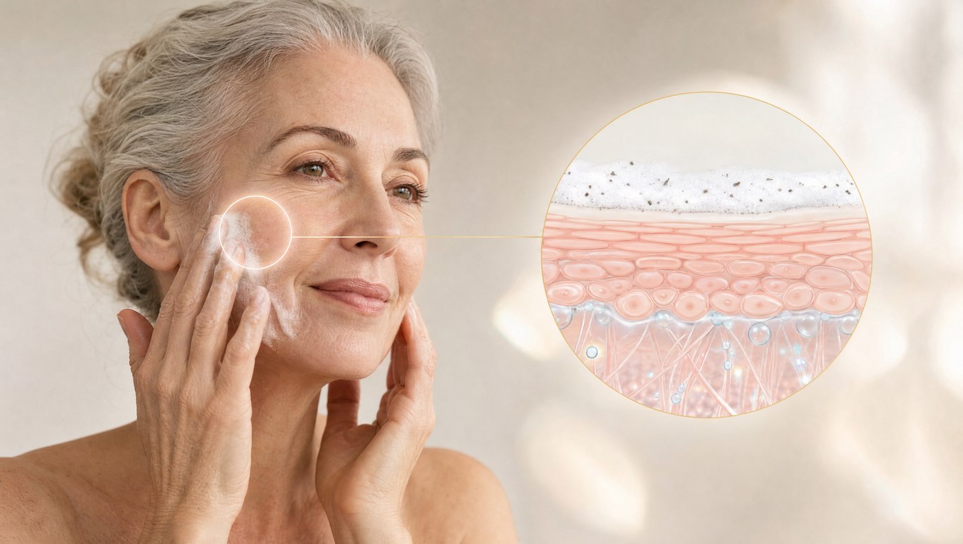 A cross-section illustration of clean, hydrated skin shown in a science callout inset