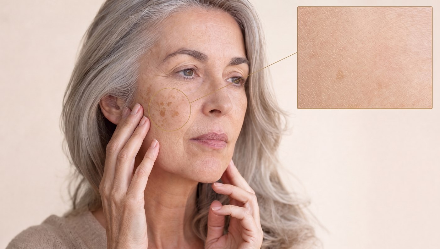 A woman's cheekbone sun spots circled and shown in a magnified science callout inset