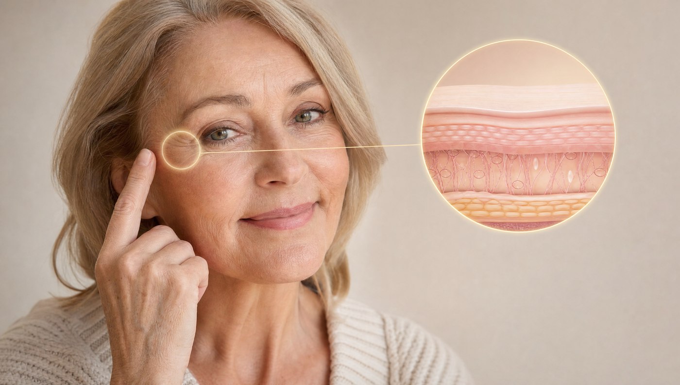 A cross-section illustration of smooth, hydrated under-eye skin shown in a science callout inset