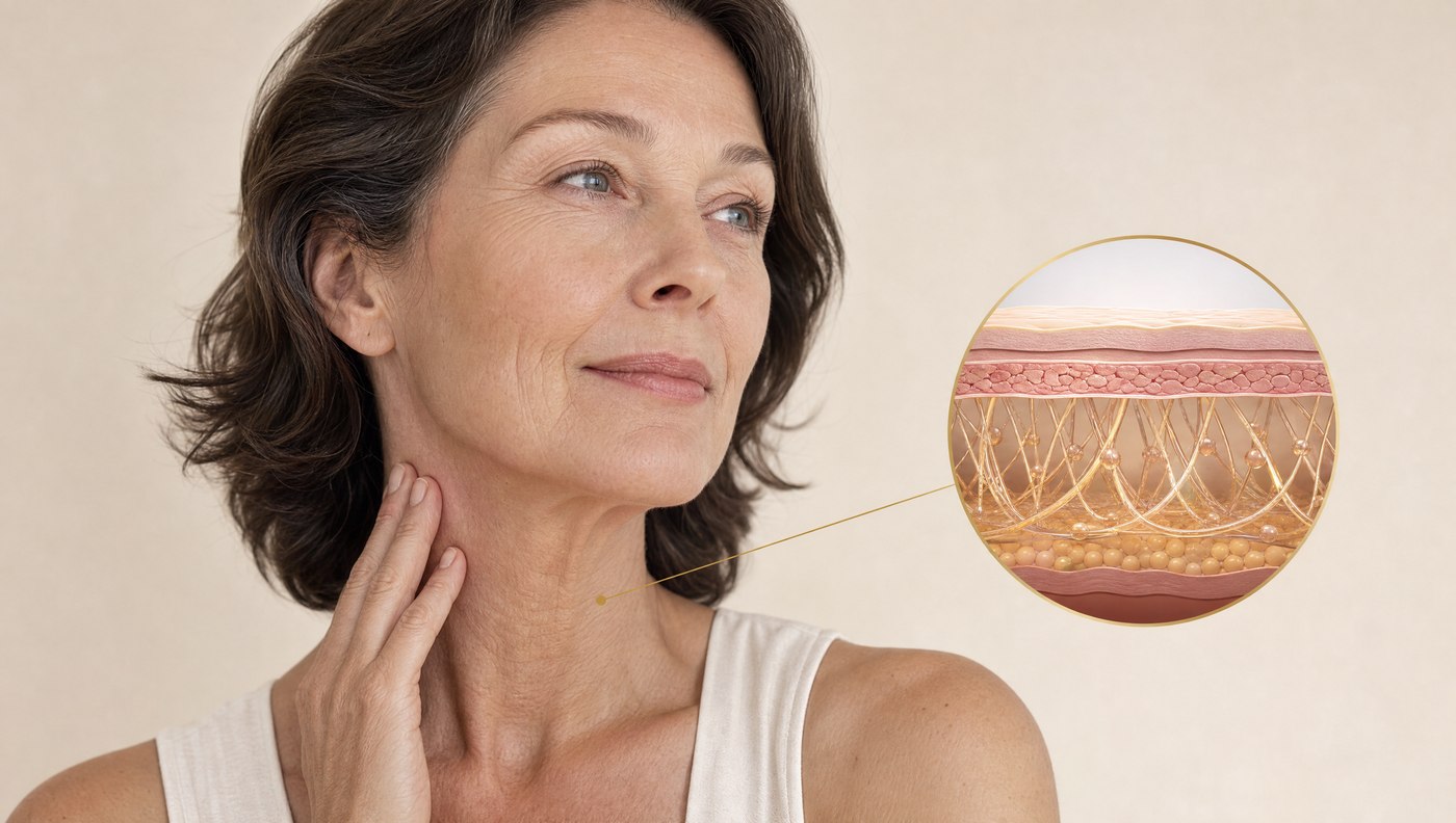 A cross-section illustration of firm, supported neck skin shown in a science callout inset
