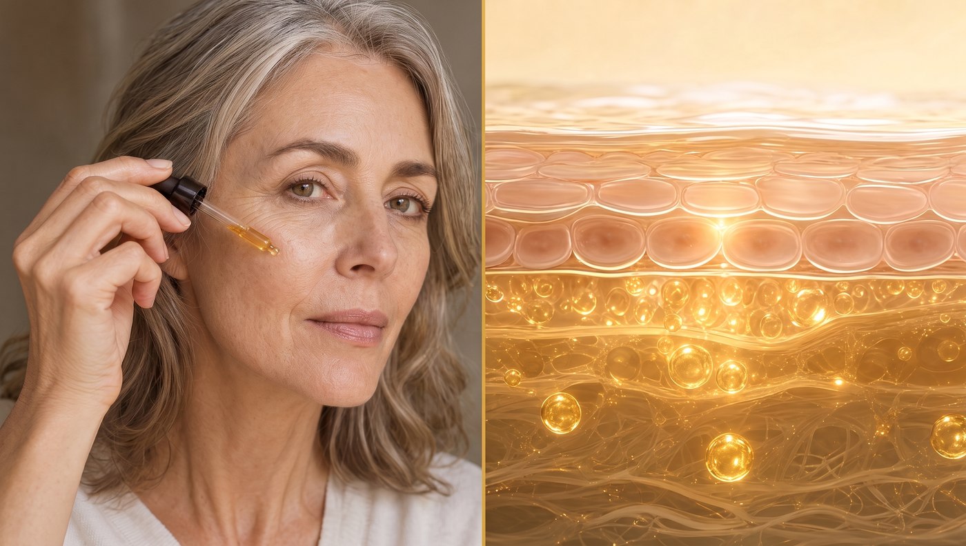 A woman applying Vitamin C serum beside a magnified cross-section of it absorbing deep into luminous, stable skin