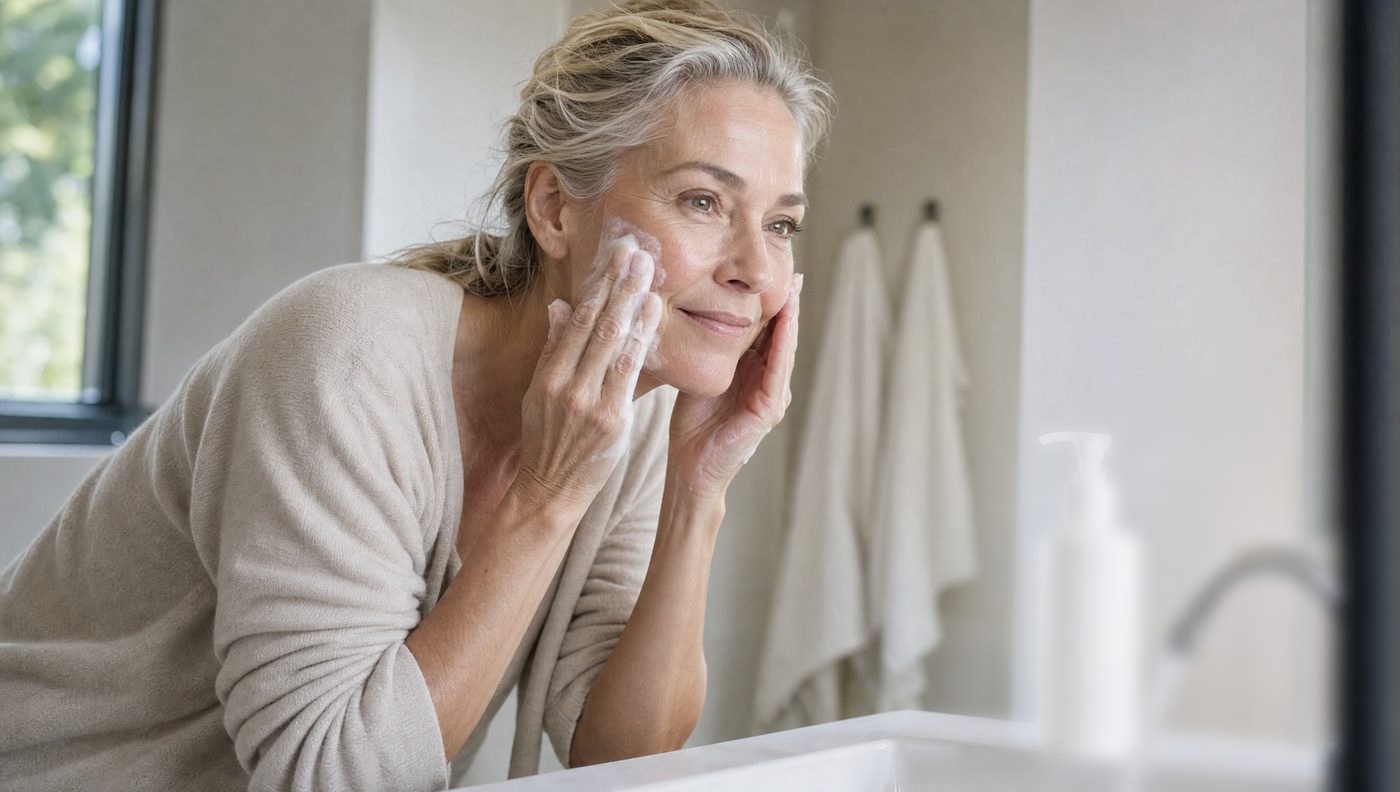 A woman in her fifties cleansing her face at a bright bathroom sink