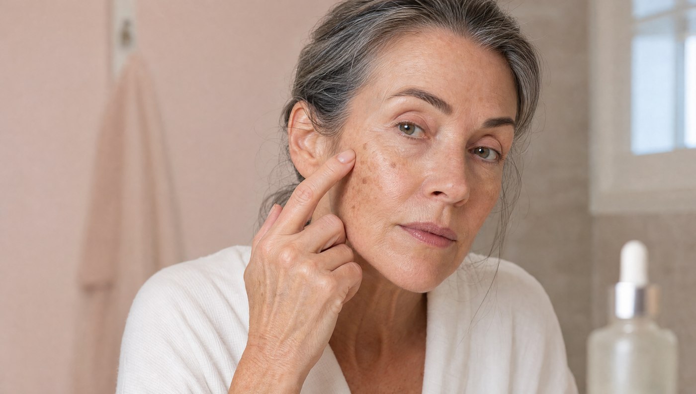 A woman leaning toward the mirror, one fingertip at the visible sun spots on her cheekbone