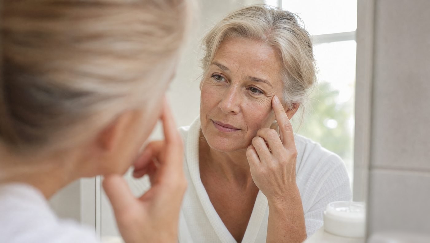 A woman in her fifties leaning toward a mirror, studying the fine lines at the corner of her eye