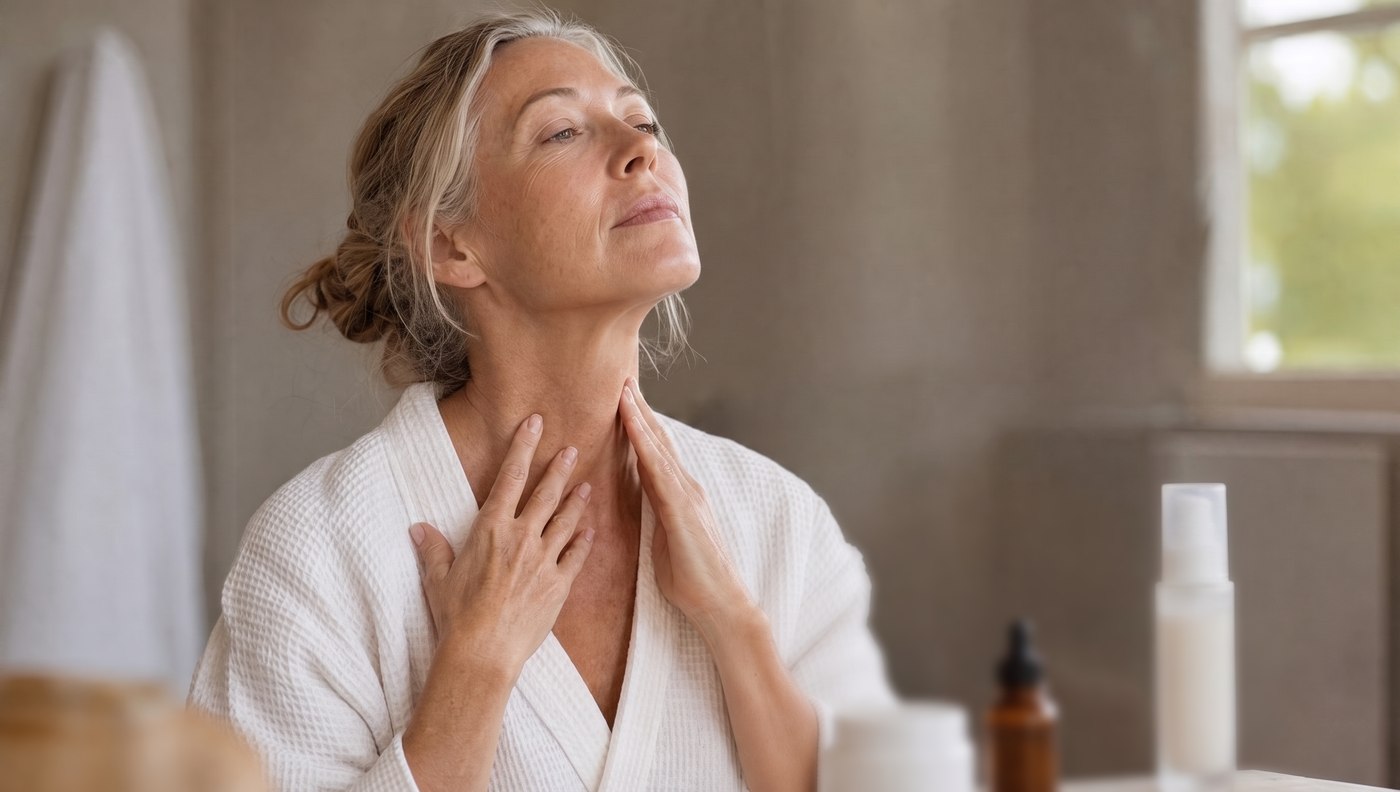 A woman in her late fifties examining the firmness of her neck and décolleté with her fingertips