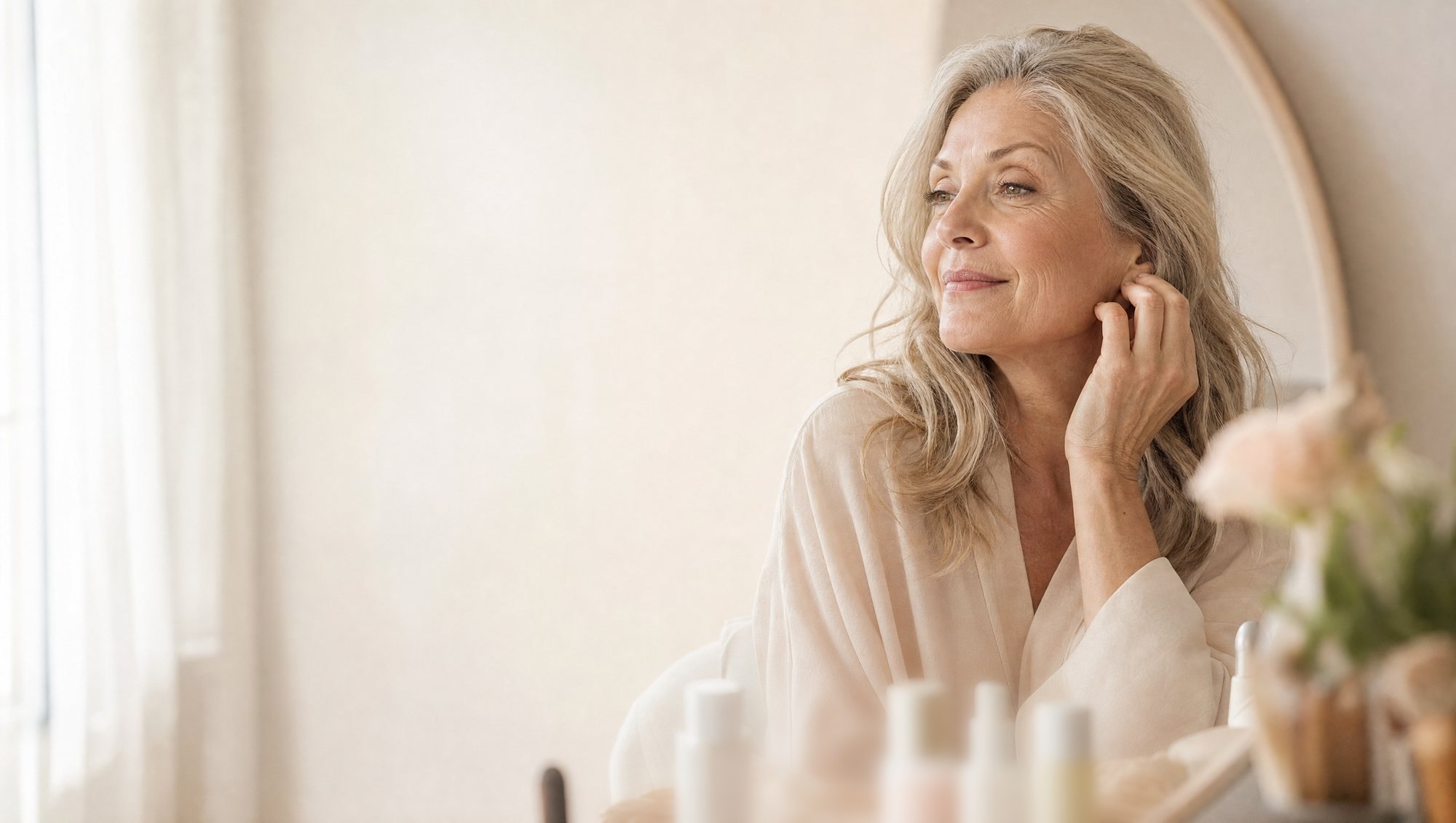 A woman in her late fifties in soft morning light at her vanity