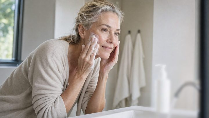 A woman cleansing her face at a bright bathroom sink