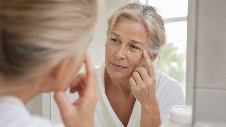 A woman studying the fine lines at the corner of her eye