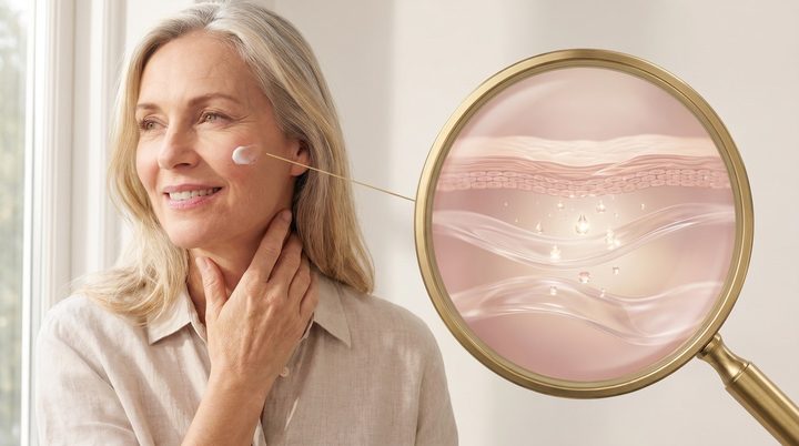 A woman applying face cream by a window
