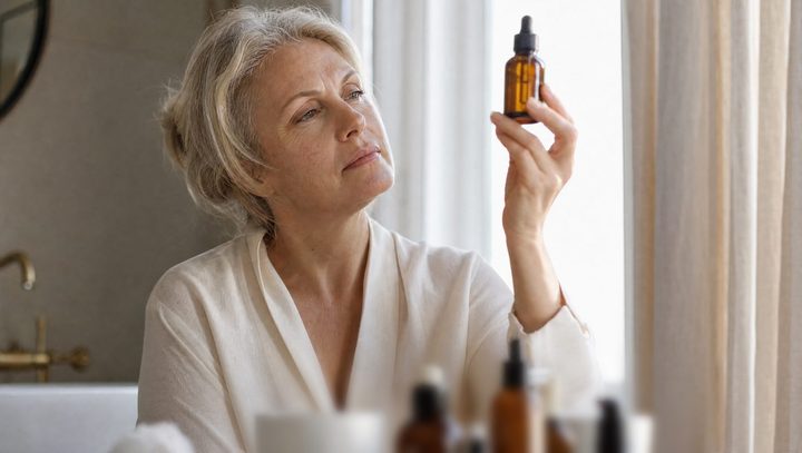 A woman holding an amber serum bottle up to the light